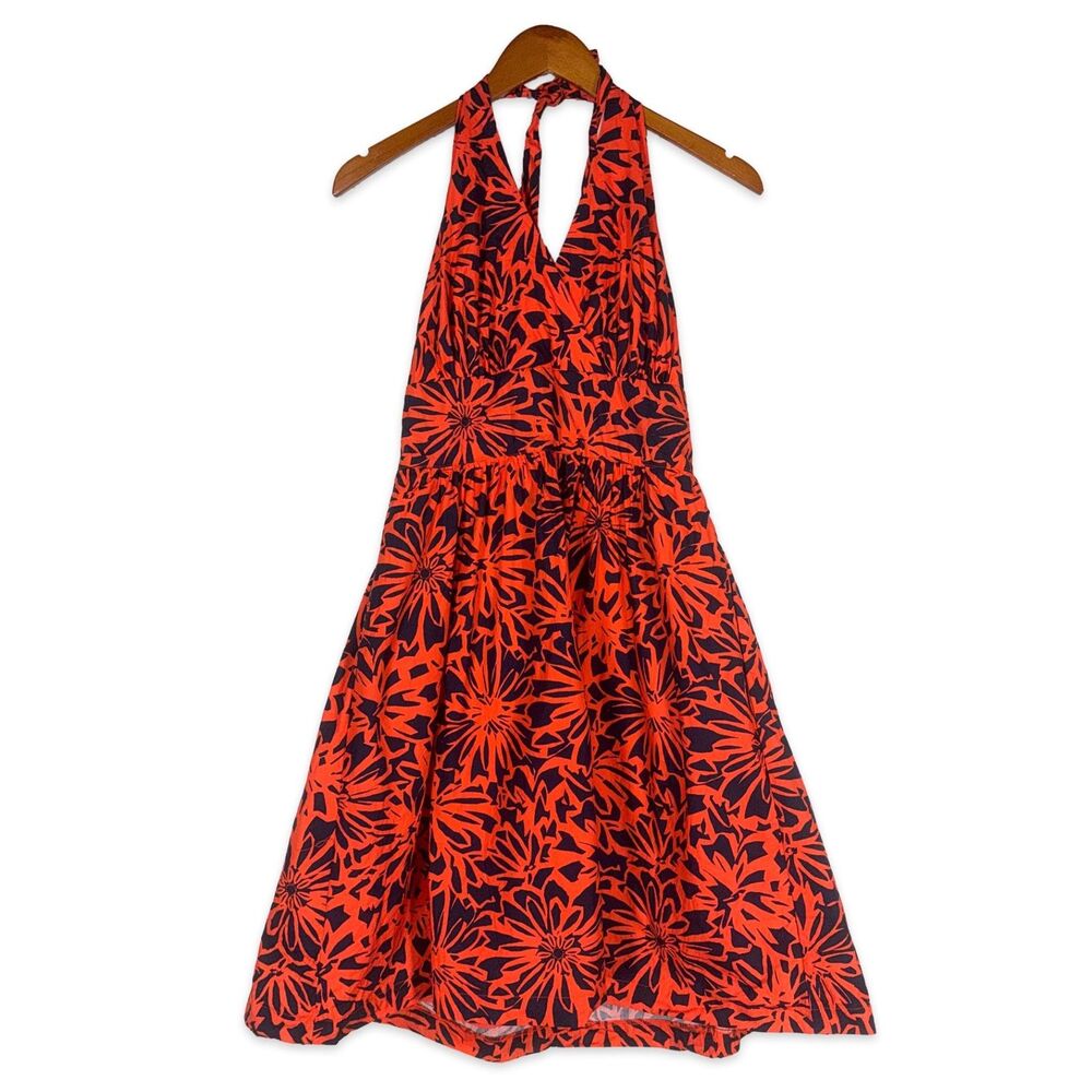 ModCloth Red Navy Floral Halter Dress Tie Neck Retro Fit & Flare Cotton 6
